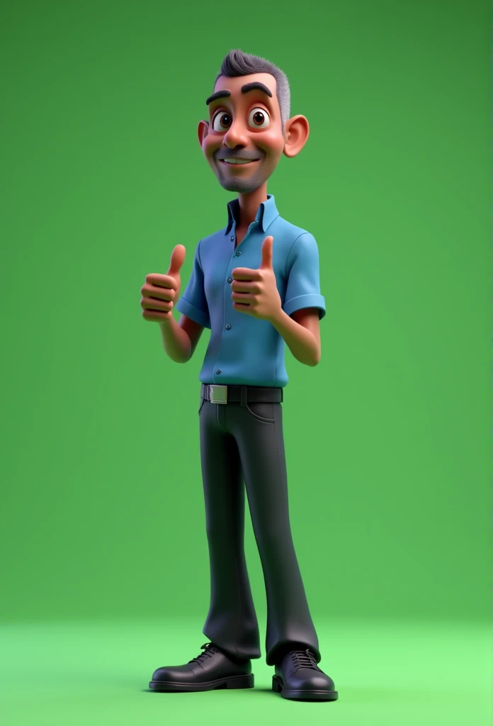 Cartoon character of a slender man in his 60s full body dark skin black hair shaved low, blue shirt, black pants black shoes, an animated character with well-defined contours, stylized character, animation style rendering, 3d stylized, Arnold Maya rendering, Stylized 3D rendering, toon render screenshot, 3d character, 3d character, Stylized 3D rendering, 3D character rendering, cartoon character, character posing, (Pixar-style) (master part:1.2) (bokeh) (best qualityer) (skin detailed) (detailed texture) (8k) (Argilla) (cinematic lighting) (sharp focus,standing full body making a thumbs up sign with both hands green background without shadow chroma kay type