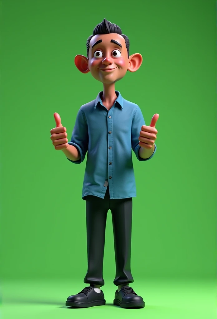 Cartoon character of a slender man in his 60s full body dark skin black hair shaved low, blue shirt, black pants black shoes, an animated character with well-defined contours, stylized character, animation style rendering, 3d stylized, Arnold Maya rendering, Stylized 3D rendering, toon render screenshot, 3d character, 3d character, Stylized 3D rendering, 3D character rendering, cartoon character, character posing, (Pixar-style) (master part:1.2) (bokeh) (best qualityer) (skin detailed) (detailed texture) (8k) (Argilla) (cinematic lighting) (sharp focus,standing full body making a thumbs up sign with both hands green background without shadow chroma kay type