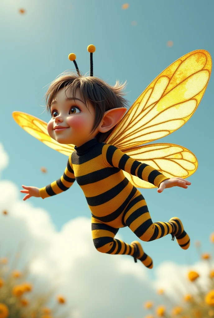 30-year-old woman with dwarfism dressed as a bee (make it fly (Give it the facial features of a person with dwarfism.)(that comes out in full body) (in plane looking to one side, but not in profile) and a pose that is flying like a real bee (flying with its wings (I don&#39;t mean that she&#39;s on a plane., I mean she&#39;s flying like a fairy but dressed as a bee.)