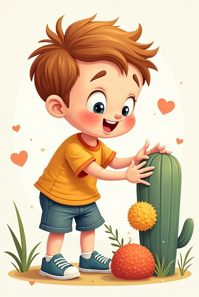Cartoon drawing of a boy touching different surfaces (soft, rough, cold, hot) with different facial expressions.