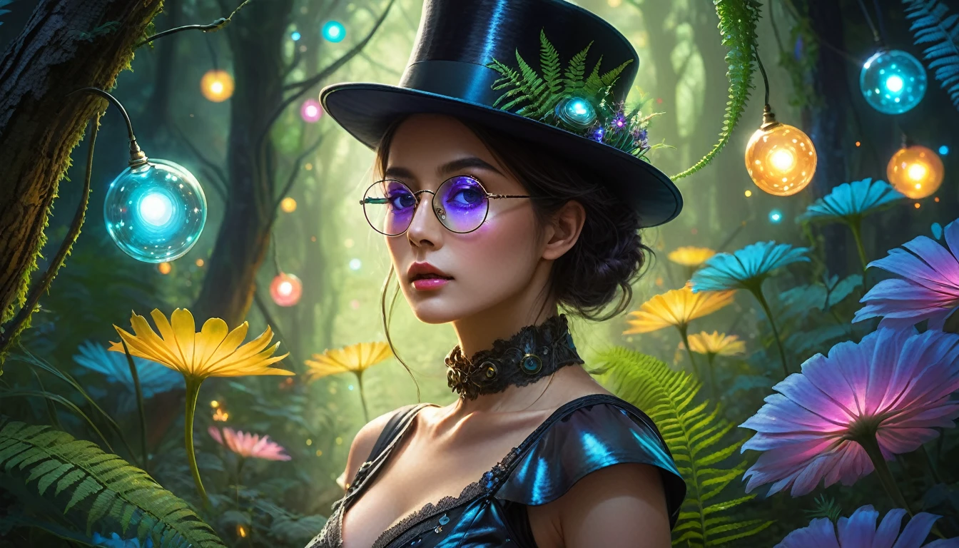 A young woman strolling at night through a field of flowers, ferns, vines and giant trees that glow in the dark illuminating the night, the iridescent plants emit light of different colors. Luminescent fireflies and colored orbs invade the scene. She is wearing a cyberpunk ball gown, a top hat and a monocle and is facing the camera with round glasses looking at the viewer. Photorealism, hyper detail, photography award.