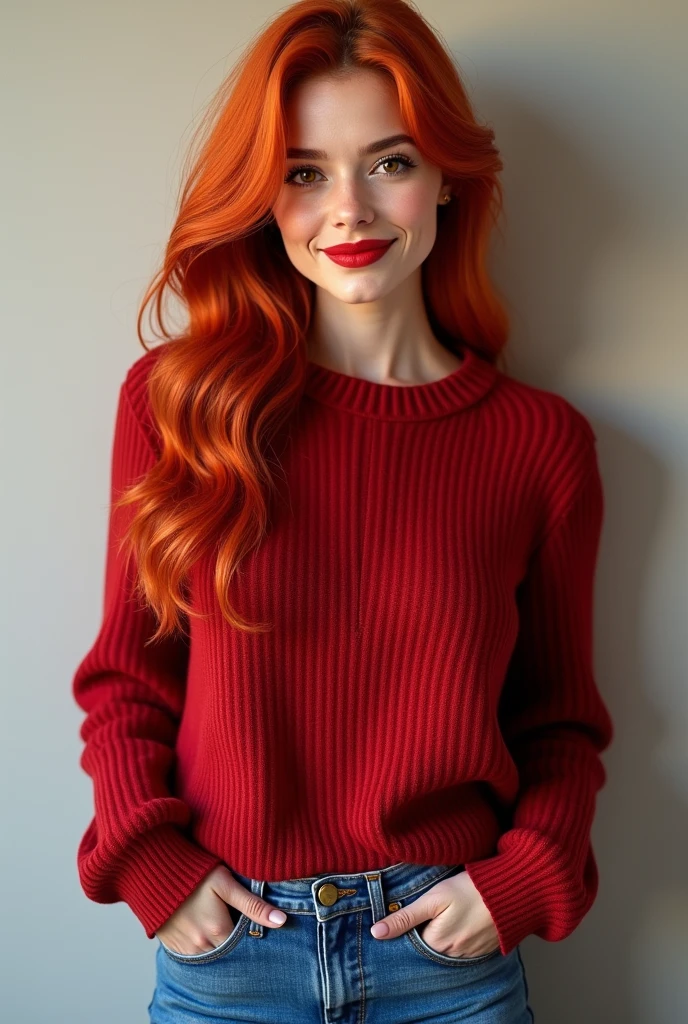 raw photo, (18yo redhead girl:1.2), makeup, graphic eyeliner, rouge, (choker:0.9), realistic skin texture, oversize knit sweater, (red:0.8), softcore, warm lighting, cosy atmosphere, instagram style