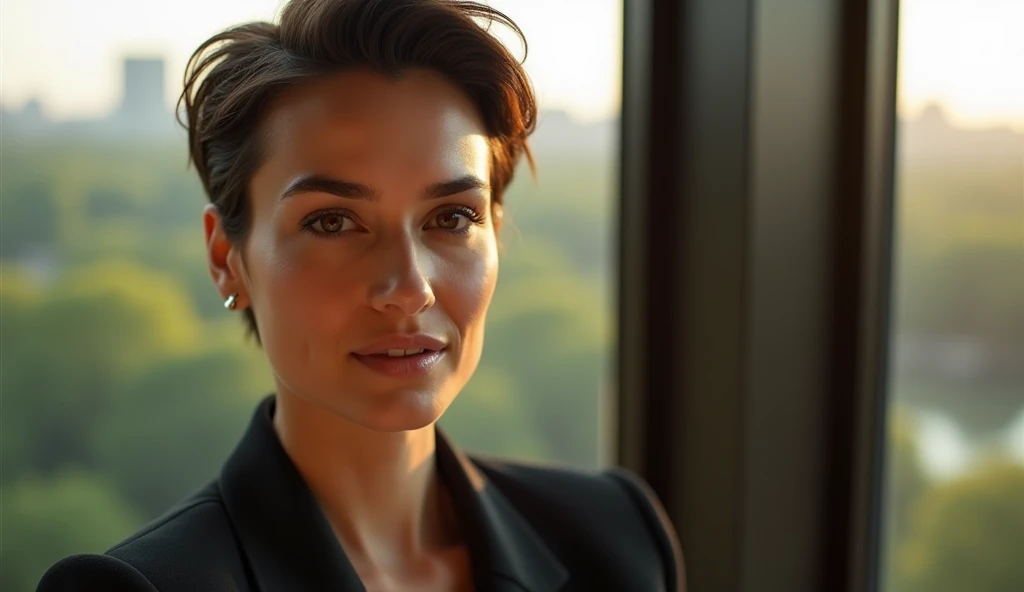 "A close-up portrait of an elegant woman with short, stylishly cut hair, set against the backdrop of a luxurious penthouse overlooking Central Park in New York. The image captures her refined features and confident expression, with soft natural light illuminating her face. Through the expansive floor-to-ceiling windows behind her, the lush greenery of Central Park and the distant New York City skyline are subtly visible, providing a sense of depth and sophistication. Her attire is chic and modern, reflecting her sophisticated style, while the soft, warm tones of the light enhance the intimate and elegant mood of the portrait."