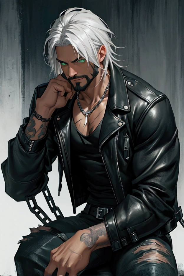 Realistic Digital Painting with Concept Art Elements"," digital painting," "concept art," "realistic," "high detail", "muscular",, "high-res", "ominous aura,", "8k resolution", "oil painting", "darker tone" , "little saturation" ,"dark feeling", "concept art" , "detailed features" , "detailed eyes" "1man" , "short beard black" , , "sitting" , "attractive", (masterpiece), best quality, expressive eyes, perfect face, Male, Silver hair, green eyes, ,black leather jacket, black pants with chains, portrait, white t-shirt, handsome, nonchalant and tired, sexy, muscular, scars across chest, biker, smiling and luaghing
