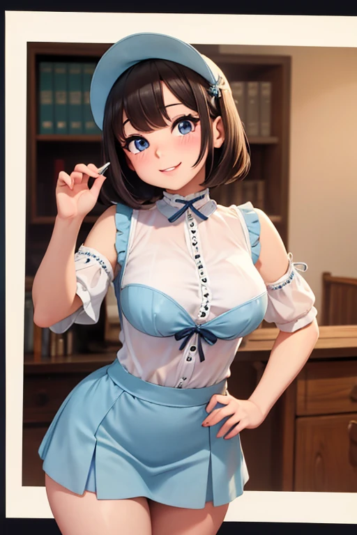 (8K、Highest quality、highest quality、masterpiece)、Detailed face、One girl、 Black Hair、short hair、、blunt bangs、Grey Eyes、evil smile、((Grin))、((camisole))、((One piece skirt))、Cowboy Shot、((bent over))、hospital、Hospital room、Very large breasts、cheeks are bright red、Blushing、in trouble、White nurse uniform、Cleavage、Nipples are visible,bare breasts,nurse cap,bare nipple,NSFW