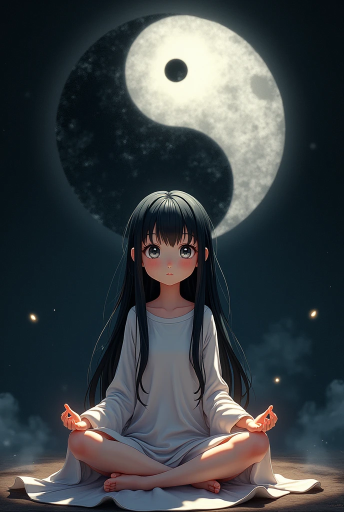 a  child girl of  meditating, long black hair, as she meditates dark and white shadows form the yin yang symbol above her, anime style, (best quality,4k,8k,highres,masterpiece:1.2),ultra-detailed,(realistic,photorealistic,photo-realistic:1.37),detailed eyes,detailed lips,extremely detailed face,long eyelashes,beautiful girl,peaceful expression,sitting in lotus position,meditation pose,dark shadows,white shadows,yin yang symbol,anime art style,dark and light contrast,dramatic lighting,vivid colors