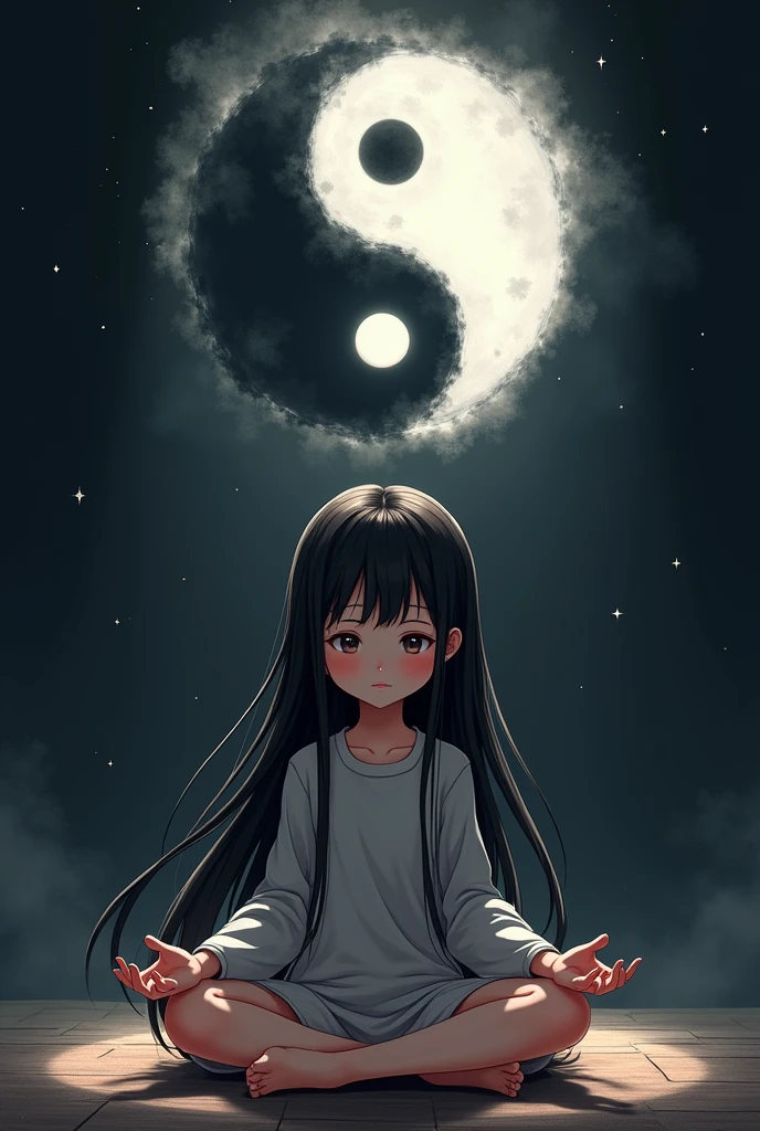 a child girl of meditating, long black hair, as she meditates dark and white shadows form the yin yang symbol above her, anime style, (best quality,4k,8k,highres,masterpiece:1.2),ultra-detailed,(realistic,photorealistic,photo-realistic:1.37),detailed eyes,detailed lips,extremely detailed face,long eyelashes,beautiful girl,peaceful expression,sitting in lotus position,meditation pose,dark shadows,white shadows,yin yang symbol,anime art style,dark and light contrast,dramatic lighting,vivid colors