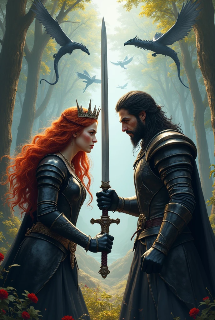 A princess with her crown, Red hair color, blue eyes and freckles on his face, he has black armor and with a sword in his right hand, he clashes with another and his sword in hand, a prince with his crown, gray eyes, black hair and black armor, and in the background is a forest with dragons