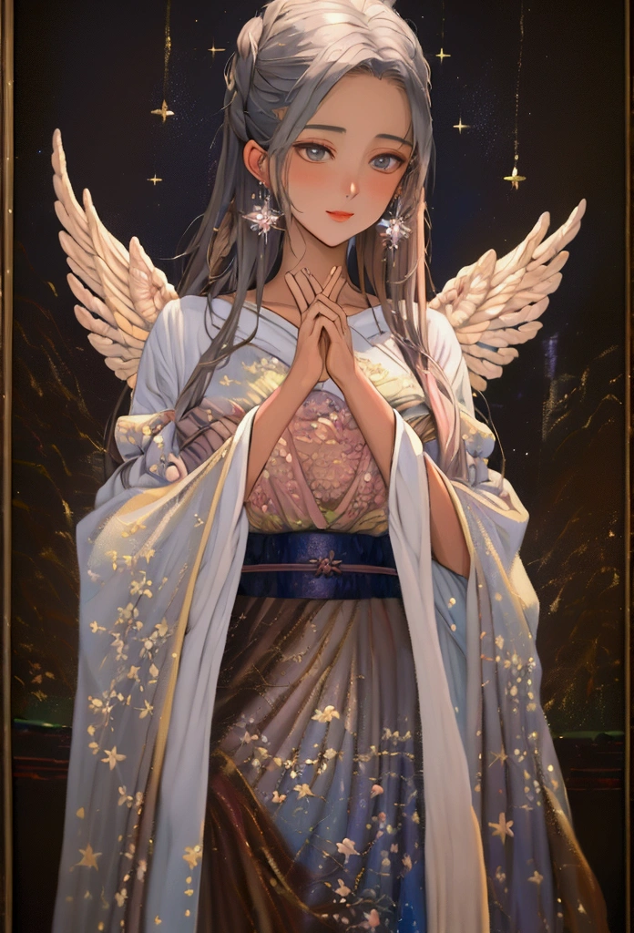 (Tabletop, Highest qualityの, (((((woman)))))、Highest quality, Official Art, (beautifully、beautiful:1.4), (Oil painting:1.4) ),（（male））  (lucifer), God of Japanese God Stories々々, fleeting beauty, A mysterious god illuminated by the starry sky, Winged Angel、god&#39;Grace, Calm and thoughtful expression, Flowing Heavenly Robe, Dazzling silver stars light up the night view, Dance of shadows and lights, Whispers of Ancient Legends、Very slender、