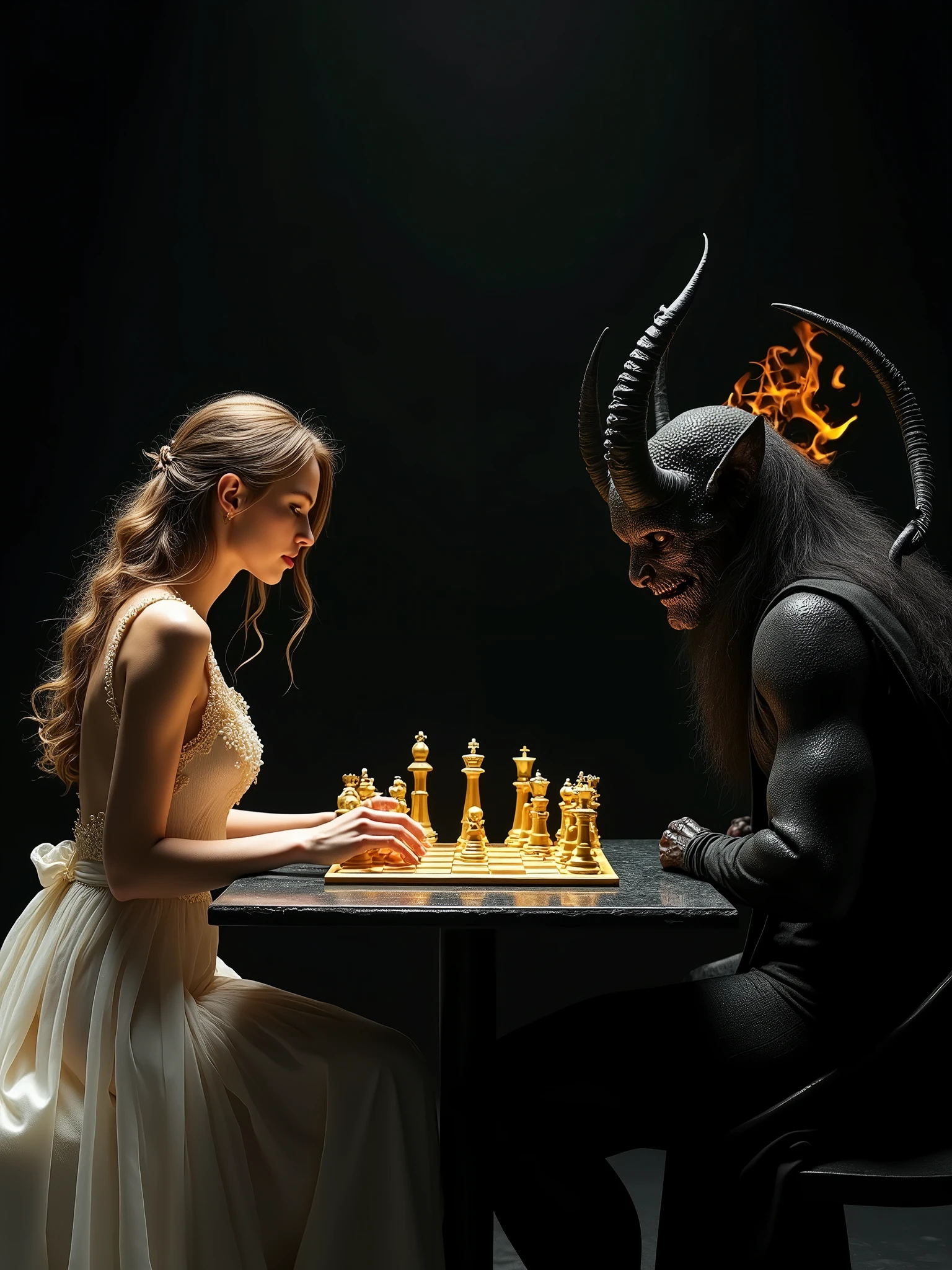 An ultra-realistic and highly detailed image of a beautiful woman sitting at a black stone table and playing golden chess with a demon. The surroundings are dark and the background is completely black. The photo was taken from the side, shows the two players. The woman is dressed in light clothing with gold details. The demon is dressed all in black, has a pointed tail and a pair of black horns, fire comes out of him. The scene was filmed on a Sony A7R IV camera with a 24-70mm f lens/2.8GM, which provides incredible clarity and richness of detail. The lighting is impressive, the spotlight illuminates the chessboard and the contrasting figures of an angel and a demon. The ratio is 16:9 -imagine
