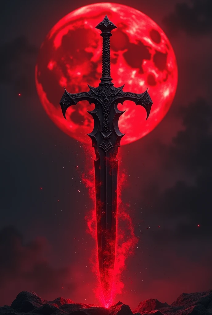 A Black sword with a red aura with red moon on it