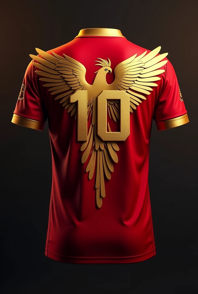 Dark red team shirt with Golden Macaw open at the back and the number ten on top of it

