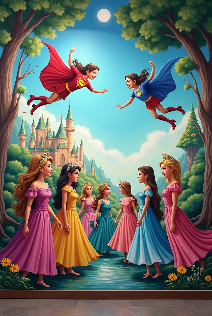 Mural for children with superheroes and princesses