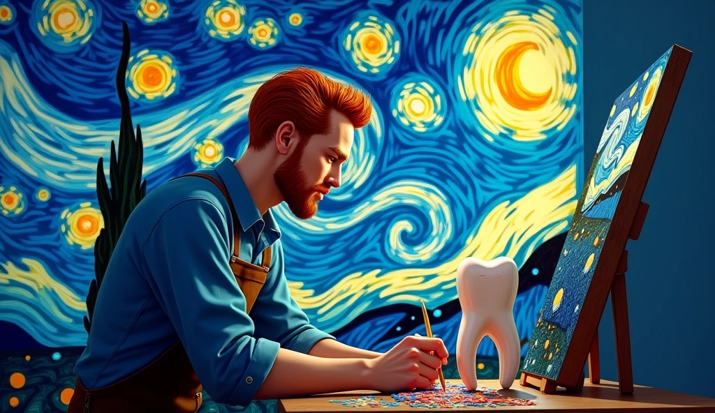 the painter van gogh with red hair, more adult personality, making a 3d tooth painting under the canvas with the starry night background