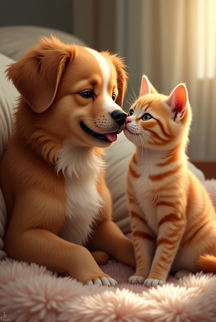 A dog kissing a cat