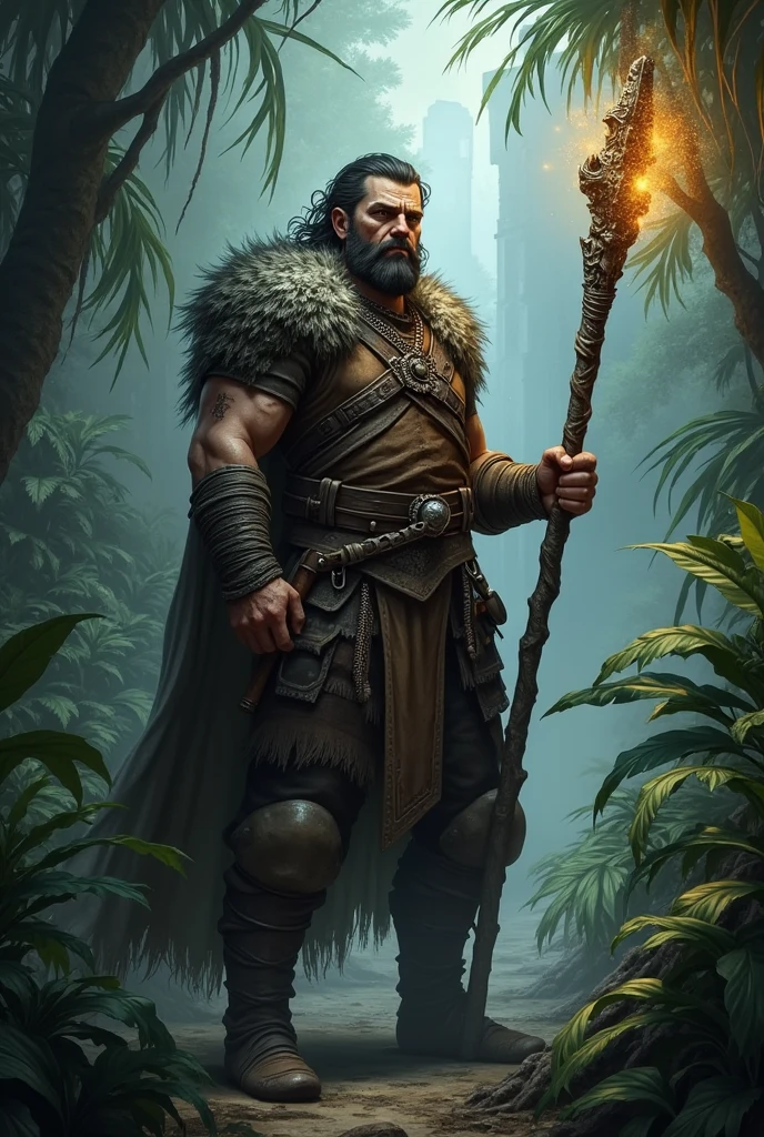 Create an image of Galen, a battle-hardened mercenary from a fictional medievial worl. He should have a rugged apperance, with a muscular build and scars that tell the story of countless battles. Vorn wears a mix of worn-out leather armor and chainmail, showing sings of wear but still functional. He carries a mysterious, ancient staff with intricate carving and faint, glowing aura. His expression is serious and determined, reflecting his rentless pursuit of truth and power. Vorn stands in dense, dark jungle with tall, exotic plants around him, The evironment should fell mysterious and foreboding, with the distant silhouette of ancient ruins. paritally visible through the foliage. The overral atmosphere should be tense and eerie, capturing the sens of and impending discovery of danger