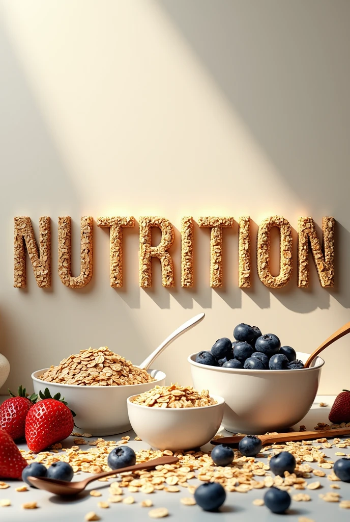 (photorealism:1.2) I need you to make lettering with oats that says nutrition, add more things around it, add spoons, dishes, blueberries and strawberries change the background
