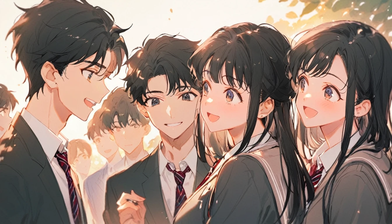 (Men and women), Black Hair, ((high school student, school uniform)), Look at each other, Laugh