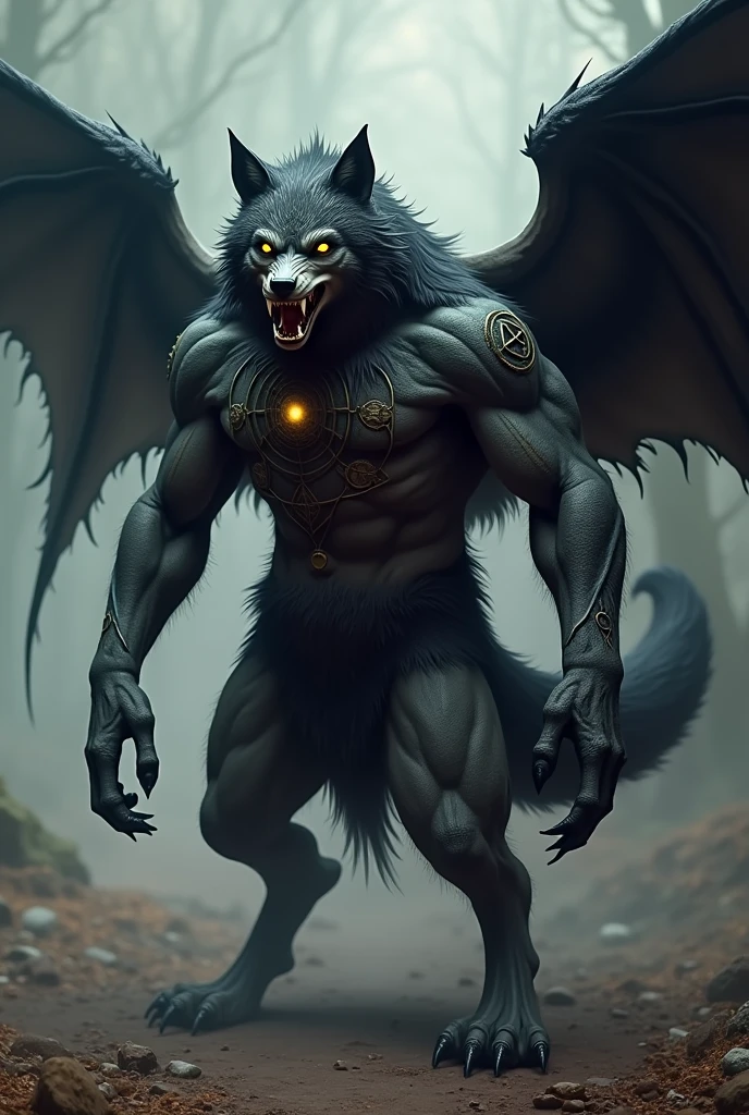 Create an image of a powerful monster known as the Dreamhowler. This monster is a hybrid between a human and a wolf, standing approximately 2.5 meters tall. The head of the monster should resemble a fierce wolf, with glowing yellow eyes and sharp teeth. The body should be muscular and covered in thick, dark fur, which may have intricate patterns. Add floating wings made of black energy to convey the ability to move silently. The monster may have intricate magical symbols on its skin, such as intricate circles. The monster should emit an aura of fear and grandeur, reflecting its control over nightmares and dreams.