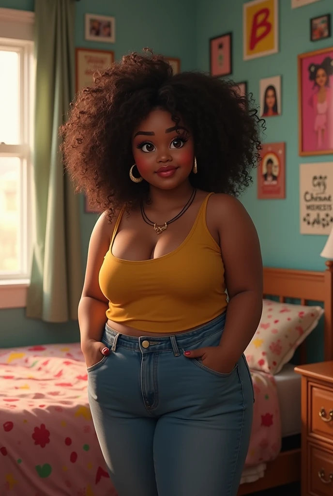 Chubby Brazilian woman with dark brown skin, 2, curly frizzy hair with chemical cut and little, in a teenage room with posters on the walls, realisitic
