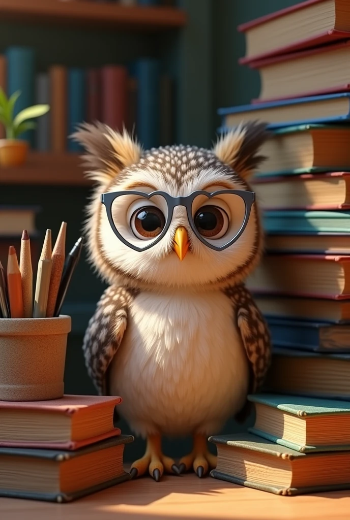 an owl surrounded by books, cute owl in disney pixar style, with books, and a pencil holder, with pencils and books that remind us of the owl, the owl is wearing silver glasses that are heart shaped 