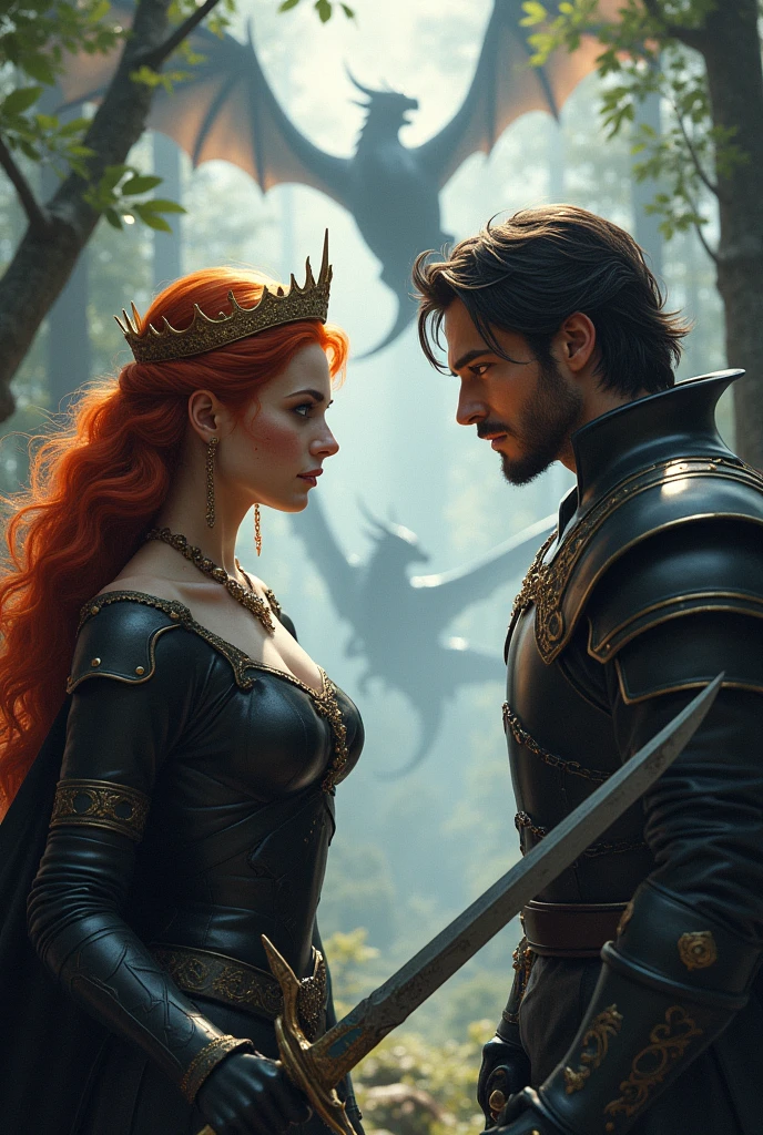A princess with her crown, Red hair color, blue eyes and freckles on his face, he has black armor and with a sword in his right hand, he clashes with another and his sword in hand, a prince with his crown, gray eyes, black hair and black armor, and in the background is a forest with dragons