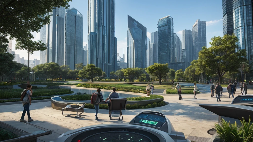 scifi, beautyful futuristic park, architectual, organic skyscraper, space design, cyberpunk, futuristic, lake, people, hightech, hard-surface design, daylight, much tech, much electronic, very cozy, ambient light, realistic view, wide angle, year 2224
