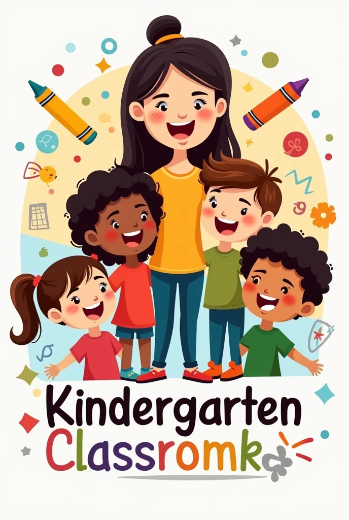 Logo for a kindergarten class with its teacher, children and the title that says Kindergarten