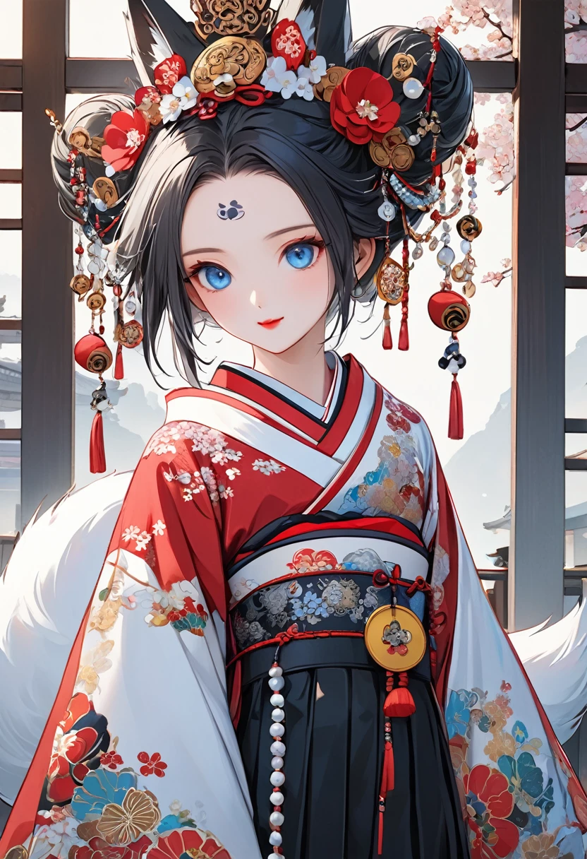 Ink painting, (((1 girl))), (((Tattoo in the middle of the forehead))),(((In the background is the Akatsuki moon))), (((Oiran))), (((Great hair accessories))), Demon possession, ((Masterpiece:1.2)), ((Highest quality)), Extremely detailed and delicate illustration style, Detailed leather texture, Detailed canvas texture, Very detailed description, (Masterpiece T), Extremely beautiful illustration, Highly detailed face, Raw image, professional, Ultra-high resolution panel, Complex details, Superior detail, Intricate decoration details, Perfect anatomy, real, (Very beautiful and cute black and white colored fox woman or girl with blue eyes wearing kimono), ((آذان الثعلب black hair, White hair, multicolor, the beautiful)), (Beautiful black and white colored fox tail), (black hair, White evil, Beautiful and shiny), (Beautiful and clear blue eyes), (Beautiful detailed eyes:1.6), (Traditional black and white detailed costume), Front view, White flower kimono, Black white colorful hakama long skirt, A maxi skirt, Modestly dressed, He smiles, ((Standing and looking at me)), ((The day)), (Extremely detailed and beautiful Japanese temple construction), (8K Highest quality wallpaper), (Extremely detailed and delicate background)
