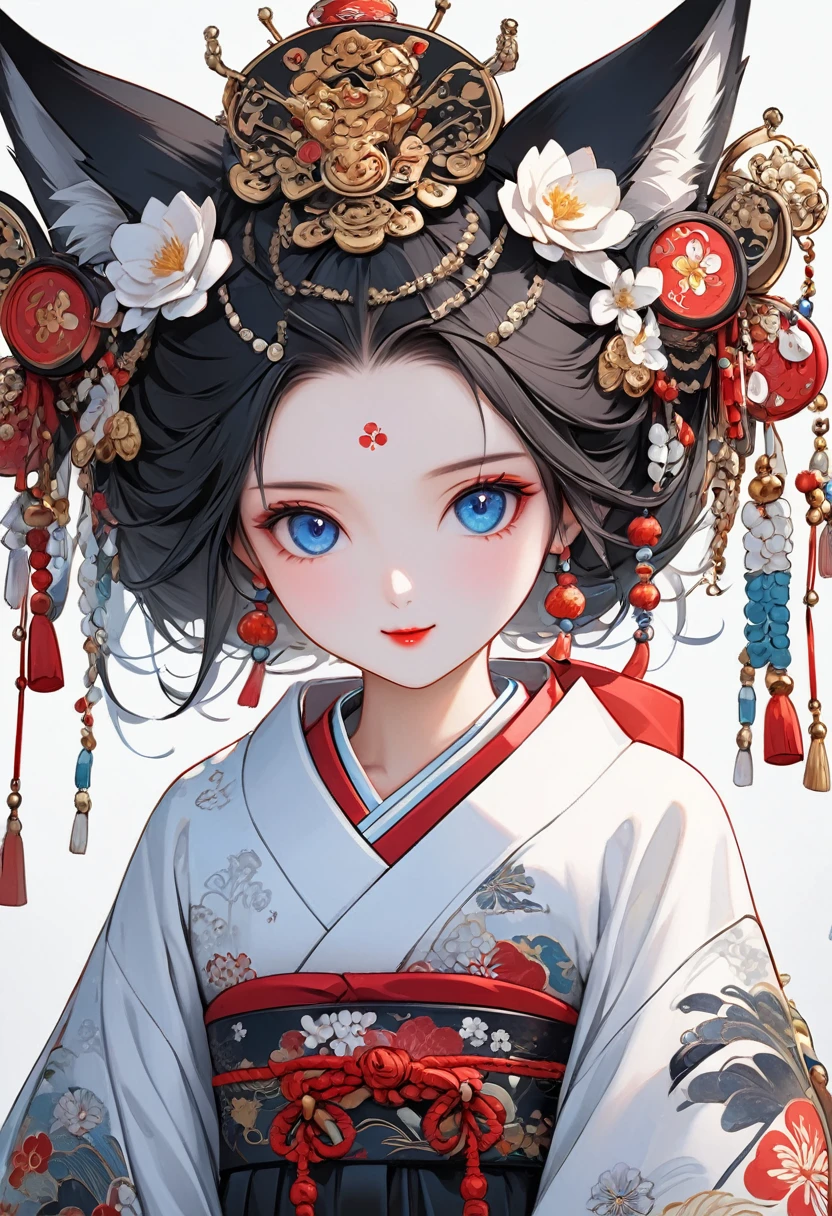 Ink painting, (((1 girl))), (((Tattoo in the middle of the forehead))),(((In the background is the Akatsuki moon))), (((Oiran))), (((Great hair accessories))), Demon possession, ((Masterpiece:1.2)), ((Highest quality)), Extremely detailed and delicate illustration style, Detailed leather texture, Detailed canvas texture, Very detailed description, (Masterpiece T), Extremely beautiful illustration, Highly detailed face, Raw image, professional, Ultra-high resolution panel, Complex details, Superior detail, Intricate decoration details, Perfect anatomy, real, (Very beautiful and cute black and white colored fox woman or girl with blue eyes wearing kimono), ((آذان الثعلب black hair, White hair, multicolor, the beautiful)), (Beautiful black and white colored fox tail), (black hair, White evil, Beautiful and shiny), (Beautiful and clear blue eyes), (Beautiful detailed eyes:1.6), (Traditional black and white detailed costume), Front view, White flower kimono, Black white colorful hakama long skirt, A maxi skirt, Modestly dressed, He smiles, ((Standing and looking at me)), ((The day)), (Extremely detailed and beautiful Japanese temple construction), (8K Highest quality wallpaper), (Extremely detailed and delicate background)