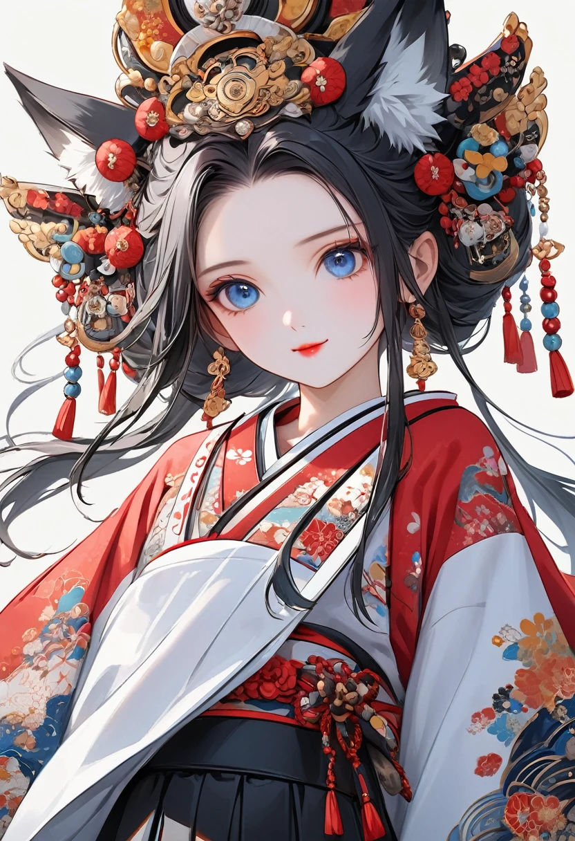 Ink painting, (((1 girl))), (((Tattoo in the middle of the forehead))),(((In the background is the Akatsuki moon))), (((Oiran))), (((Great hair accessories))), Demon possession, ((Masterpiece:1.2)), ((Highest quality)), Extremely detailed and delicate illustration style, Detailed leather texture, Detailed canvas texture, Very detailed description, (Masterpiece T), Extremely beautiful illustration, Highly detailed face, Raw image, professional, Ultra-high resolution panel, Complex details, Superior detail, Intricate decoration details, Perfect anatomy, real, (Very beautiful and cute black and white colored fox woman or girl with blue eyes wearing kimono), ((آذان الثعلب black hair, White hair, multicolor, the beautiful)), (Beautiful black and white colored fox tail), (black hair, White evil, Beautiful and shiny), (Beautiful and clear blue eyes), (Beautiful detailed eyes:1.6), (Traditional black and white detailed costume), Front view, White flower kimono, Black white colorful hakama long skirt, A maxi skirt, Modestly dressed, He smiles, ((Standing and looking at me)), ((The day)), (Extremely detailed and beautiful Japanese temple construction), (8K Highest quality wallpaper), (Extremely detailed and delicate background)