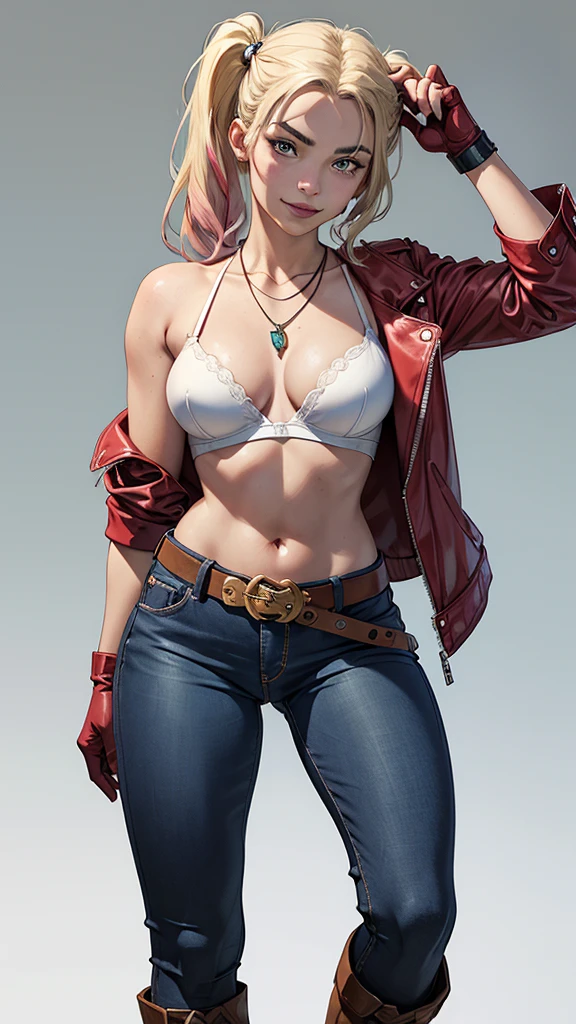 (cartoon style:1.2), Drawings of (harley quinn), he used to smile, perfect green eyes, face detailed, White background, fun pose, seducing gaze,Full body wearing the harley quinn uniform, beautiful medium breasts and wonderful body cartoon style digital illustration. Wearing panties margot robbie ,bare legs , white bra, green vest, sleeveless, へそ, blue jeans, Brown boots, gloves fingerless, short gloves, slightly-smile, , wavy hair, parted bangs, dyed pink and blue pigtails,blue colored eyes,, old american west, sunny desert background, waist belt, best qualityer, Artwork margot robbie close-up of a woman with a necklace around her neck, attractive female face!!!, very beautiful face, very attractive and beautiful, Natalie Dormer, Sydney Sweeney, like Corinne, amber ear, holywood actress, Dakota Fanning, with very thin lips, taken at the beginning of 2020, face perfect ), most beautiful woman in the worlda woman in a red leather jacket and jeans posing for a photo, artegerm extremamente detalhado, gama murata and artegerm, artegerm style, Krenz Cushart e Artegerm, seductive anime girl, artegerm trend, model iG | artegerm, by Yoshihiko Wada, in the artegerm style, artegerm style
