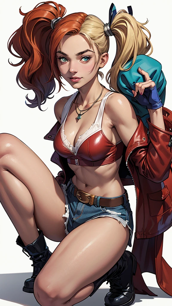 (cartoon style:1.2), Drawings of (harley quinn), he used to smile, perfect green eyes, face detailed, White background, fun pose, seducing gaze,Full body wearing the harley quinn uniform, beautiful medium breasts and wonderful body cartoon style digital illustration. Wearing panties margot robbie ,bare legs , white bra, green vest, sleeveless, へそ, blue jeans, Brown boots, gloves fingerless, short gloves, slightly-smile, , wavy hair, parted bangs, dyed pink and blue pigtails,blue colored eyes,, old american west, sunny desert background, waist belt, best qualityer, Artwork margot robbie close-up of a woman with a necklace around her neck, attractive female face!!!, very beautiful face, very attractive and beautiful, Natalie Dormer, Sydney Sweeney, like Corinne, amber ear, holywood actress, Dakota Fanning, with very thin lips, taken at the beginning of 2020, face perfect ), most beautiful woman in the worlda woman in a red leather jacket and jeans posing for a photo, artegerm extremamente detalhado, gama murata and artegerm, artegerm style, Krenz Cushart e Artegerm, seductive anime girl, artegerm trend, model iG | artegerm, by Yoshihiko Wada, in the artegerm style, artegerm style