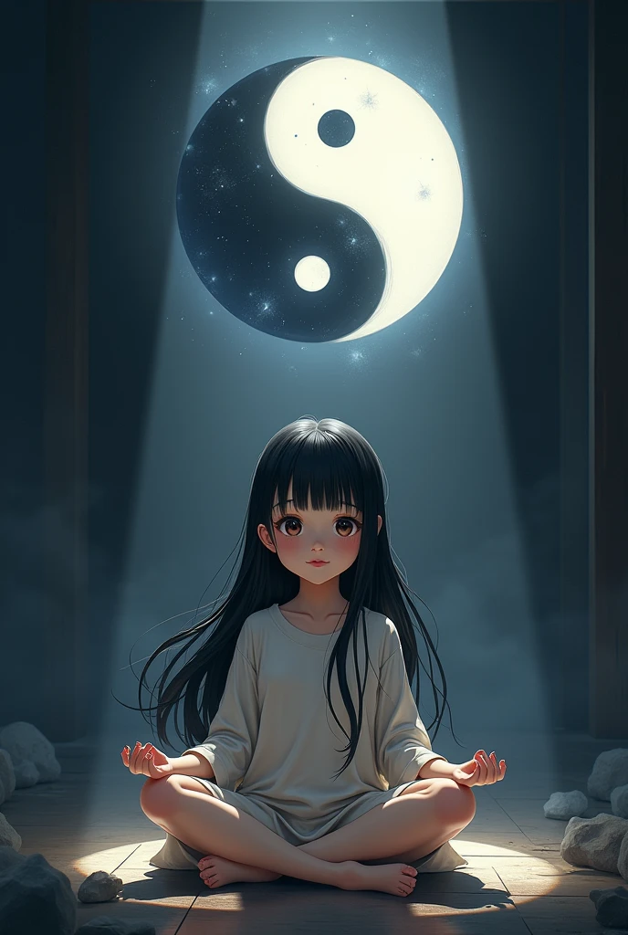 a girl of meditating, long black hair, as she meditates dark and white shadows form the yin yang symbol above her, anime style, (best quality,4k,8k,highres,masterpiece:1.2),ultra-detailed,(realistic,photorealistic,photo-realistic:1.37),detailed eyes,detailed lips,extremely detailed face,long eyelashes,beautiful girl,peaceful expression,sitting in lotus position,meditation pose,dark shadows,white shadows,yin yang symbol,anime art style,dark and light contrast,dramatic lighting,vivid colors faca que saia uma aurea dela