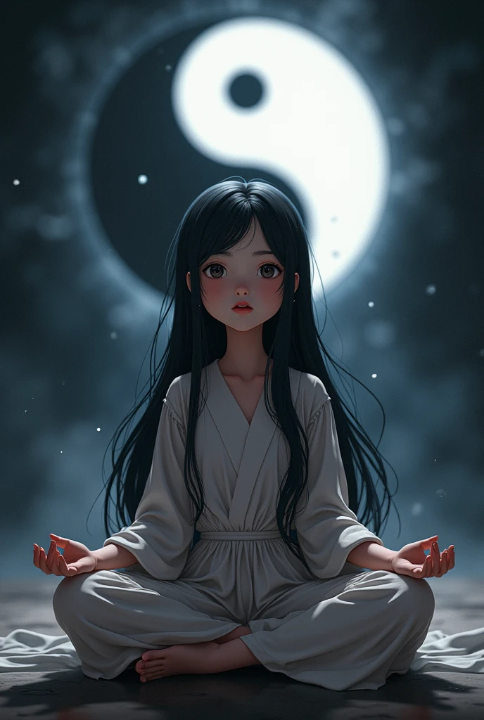 a child girl of meditating, long black hair, as she meditates dark and white shadows form the yin yang symbol above her, anime style, (best quality,4k,8k,highres,masterpiece:1.2),ultra-detailed,(realistic,photorealistic,photo-realistic:1.37),detailed eyes,detailed lips,extremely detailed face,long eyelashes,beautiful girl,peaceful expression,sitting in lotus position,meditation pose,dark shadows,white shadows,yin yang symbol,anime art style,dark and light contrast,dramatic lighting,vivid colors faca que saia uma aurea dela