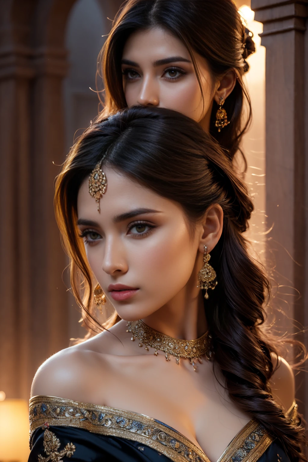 best quality,4k,8k,highres,masterpiece:1.2),ultra-detailed,(realistic,photorealistic,photo-realistic:1.37),Al-Uzza, the ancient Arabian goddess of beauty and black magic, off-shoulder, extremely detailed face and eyes, long eyelashes, detailed lips, intricate jewelry, flowing dress, ornate background, warm lighting, fantasy art, cinematic composition, dramatic lighting, dramatic pose, dramatic expression, cinematic shot, detailed fabric textures, dynamic composition, rich colors, dramatic chiaroscuro, mystical atmosphere