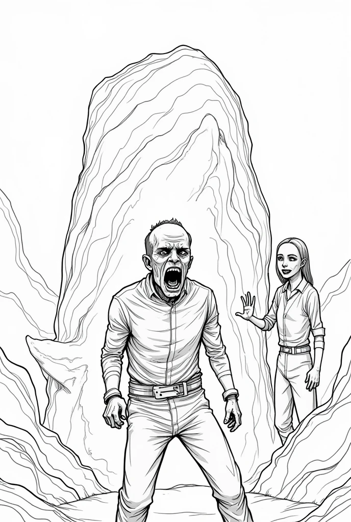Create a lineart illustration Scenario:The Great Stone and Fear: Illustrate Marine in a state of panic and terror, with the great stone in the background symbolizing the threat and impending cruelty. Marine may be pale-skinned, sweating, and wearing an expression of extreme despair, while Notwen watches her with a cruel smile.