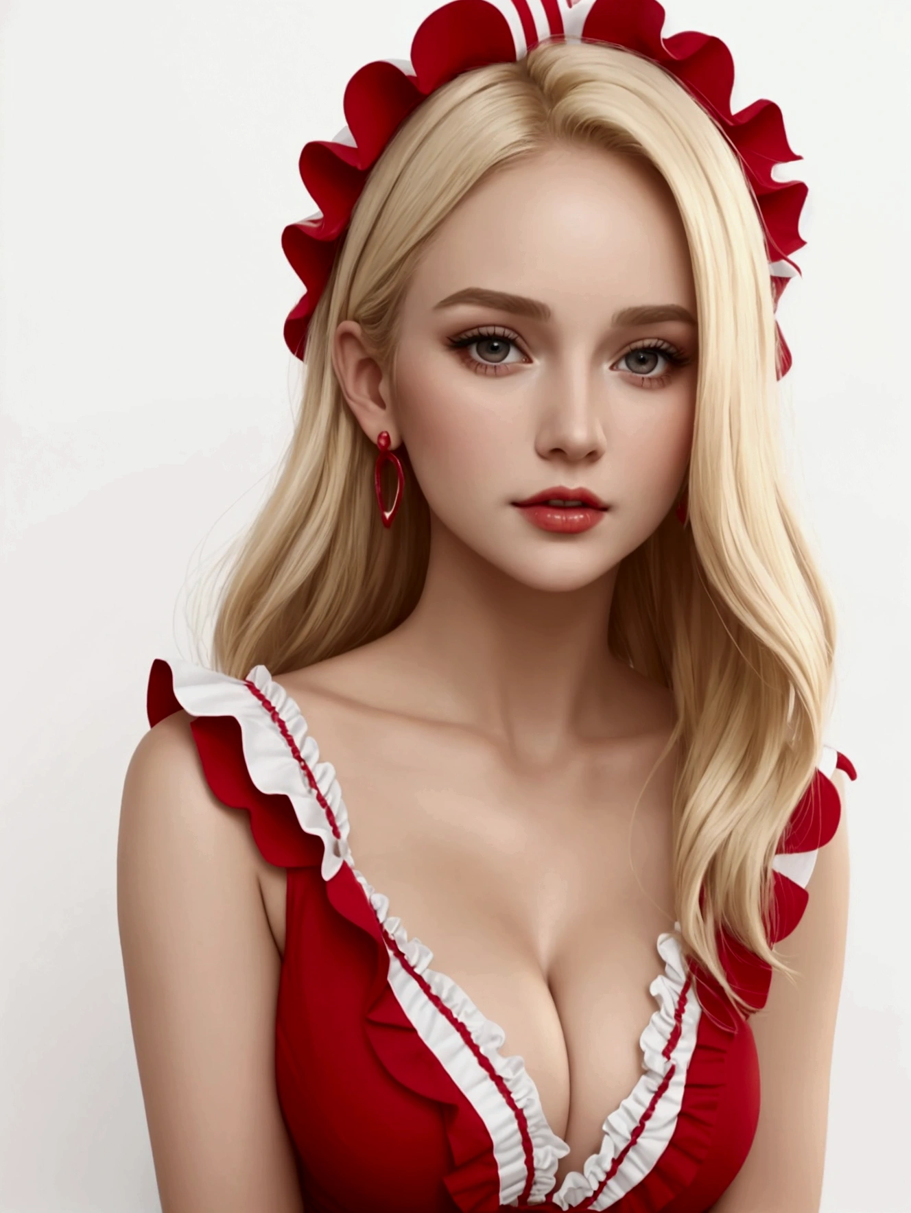 pretty woman, blonde hair, red short dress with ruffles and white stripes, white background, full body portrait, beautiful woman, perfect face, make up