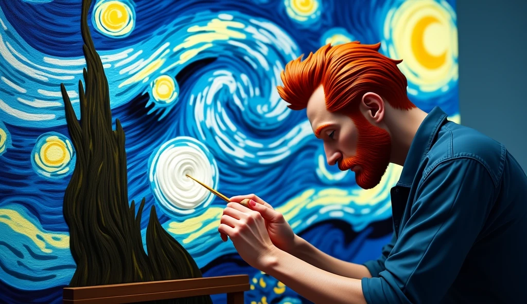 the painter van gogh with red hair, more adult personality, making a 3d tooth painting under the canvas with the starry night background