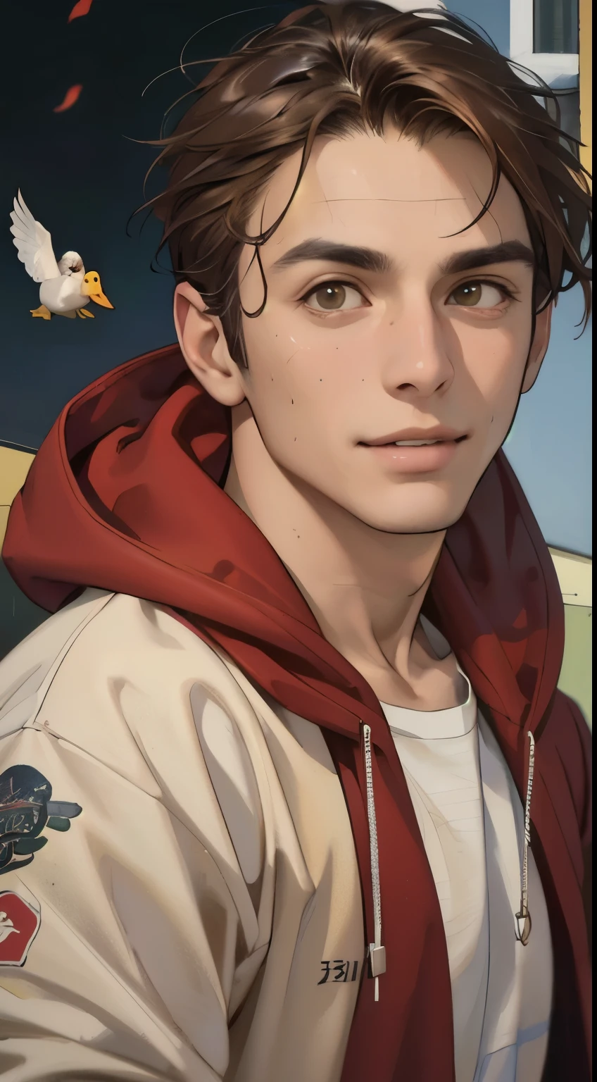 (masterpiece, ultra high resolution, 16k UHD, high quality),low key,commute,announcement,TELEVISION,standing,looking at the viewer,hoodie,masterpiece,in the restaurant,Session,(Brown hair),black eyes,Turn back,smile,Seoul,(small heannouncement),precise structure of the human body.,Precise hand structure,(duck egg face),Dark colored clothing ,Red coat,yellow cap,Unity 16k wallpapers,Conceptual art,a person,8k eyes,Meadow,dress,park,Bank,pigeons,(((mature male))),((large eyes:1.3)),(short hair),((1 mixed-race man )),sweatpants,(realistic face:1.8),wide shoulders,single,(whole body:1.6),android 18,