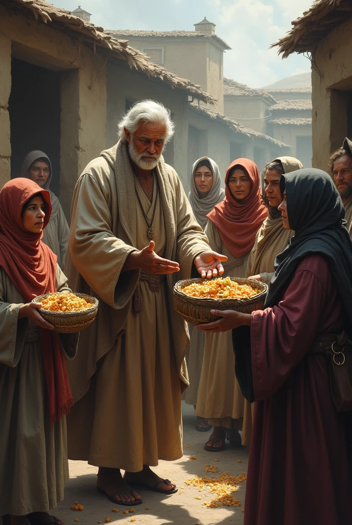 Priest helping people with limited resources, giving them food
