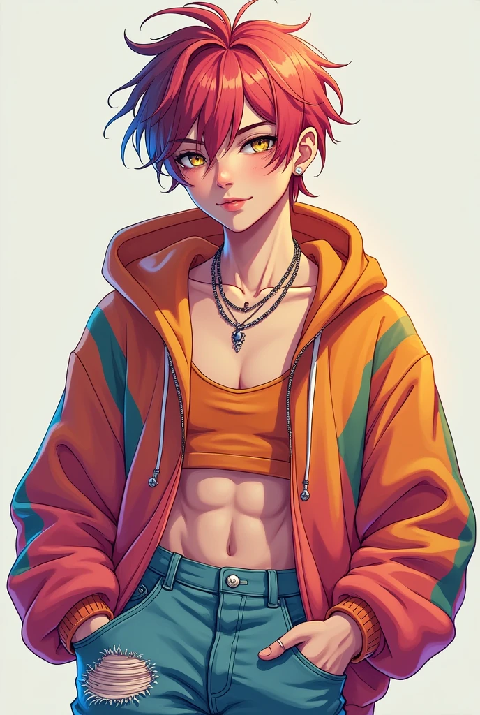 So this man is young, anywhere between the age 20-25, has messy, colorful hair, golden eyes, and pale skin. He's wearing a crop top hoodie and ripped jeans, and has a plain necklace and a few rings.
He's also lean but athletic.