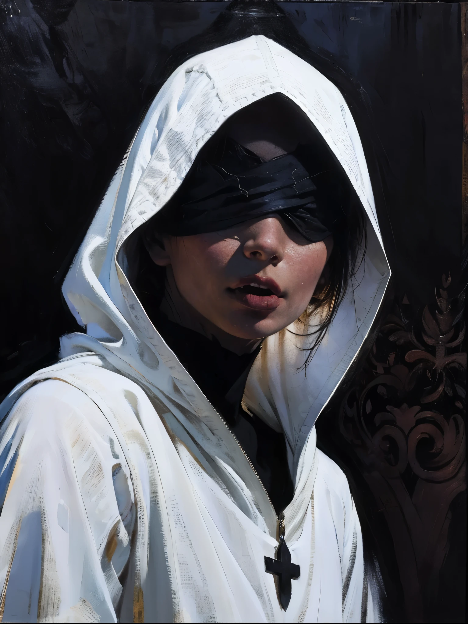 Close-up portrait of a young woman with a rebellious and defiant expression. His face is in the foreground, softly and dimly lit, highlighting her light skin. He wears a black hood that covers most of his head., leaving only his mouth and tongue visible. About the hood, A white cross stands out at the top, contrasting with the dark fabric. the woman has her mouth open, showing a wide, provocative smile while sticking her tongue out, creating a bold and defiant effect. The light is subtle, with soft shadows that add a dramatic touch to the face and hood. The style is hyperrealistic, capturing the details of the fabric texture, Shiny teeth and wet tongue,The hood covers his eyes and nose,only the mouth visible