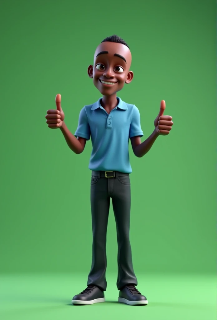 Cartoon character of a slender man in his 60s full body triumphant look dark skin black hair shaved low, blue shirt, black pants black shoes, an animated character, stylized character, animation style rendering, 3d stylized, Arnold Maya rendering, Stylized 3D rendering, toon render screenshot, 3d character, 3d character, Stylized 3D rendering, 3D character rendering, cartoon character, character posing, (Pixar-style) (master part:1.2) (bokeh) (best qualityer) (skin detailed) (detailed texture) (8k) (Argilla) (cinematic lighting) (sharp focus,standing full body making a thumbs up sign with both hands green background without shadow chroma kay type