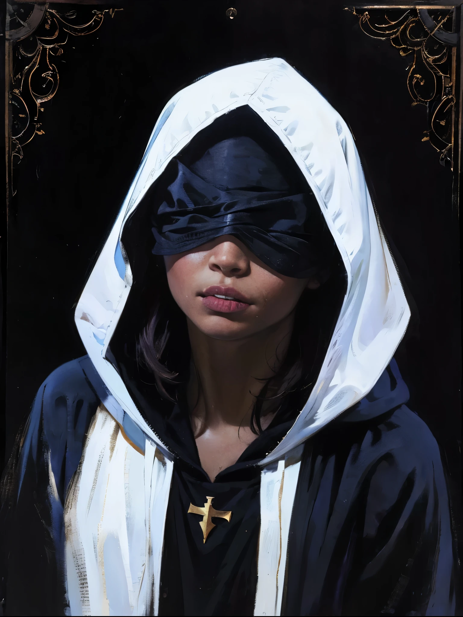 Close-up portrait of a young woman with a rebellious and defiant expression. His face is in the foreground, softly and dimly lit, highlighting her light skin. He wears a black hood that covers most of his head., leaving only his mouth and tongue visible. About the hood, A white cross stands out at the top, contrasting with the dark fabric. the woman has her mouth open, showing a wide, provocative smile while sticking her tongue out, creating a bold and defiant effect. The light is subtle, with soft shadows that add a dramatic touch to the face and hood. The style is hyperrealistic, capturing the details of the fabric texture, Shiny teeth and wet tongue,The hood covers his eyes and nose,only the mouth visible