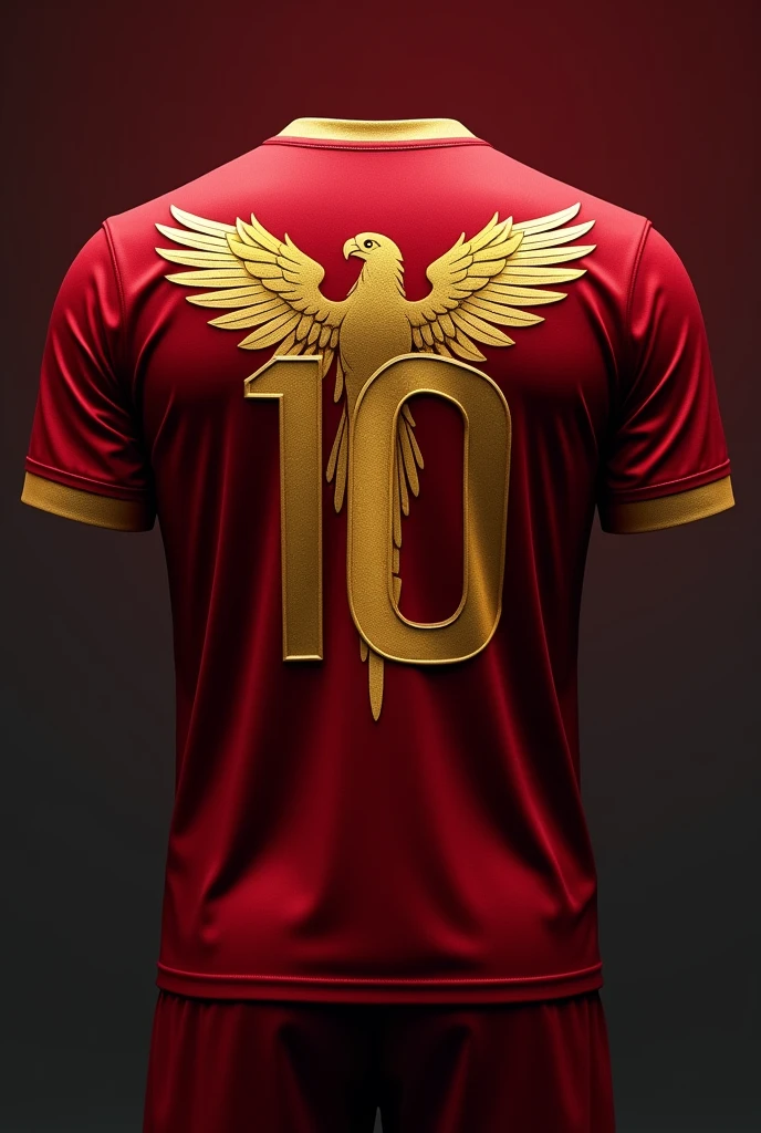 Dark red team shirt with Golden Macaw open at the back and the number ten on top of it

