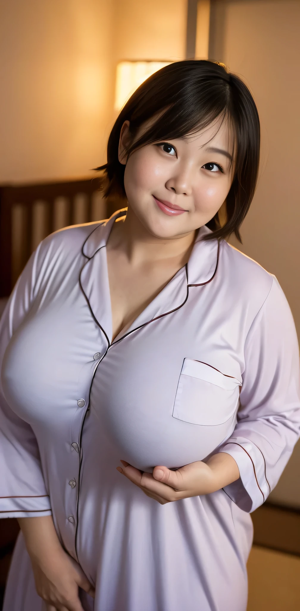 (room),,evening（Highest quality,8k,RAW Photos,Realistic,High resolution:1.2),(Extremely hot chubby Japanese mother), ((Extremely cute, round face and  face)), ((Tarako lips:1.25)), (Extremely large breasts bigger than a face),(pajamas),((He is excited to see a men&#39;s porn magazine for the first time.:1.35)),,(Extremely large breasts bigger than a face),((Embarrassing)),Upper Body ,(Tight fit),,(((Obscene language))),Look at this,Close-up of huge breasts bigger than an extremely large face,short hair,(Lying in bed),(((To tempt obscenely))), (((Seduce intensely)))