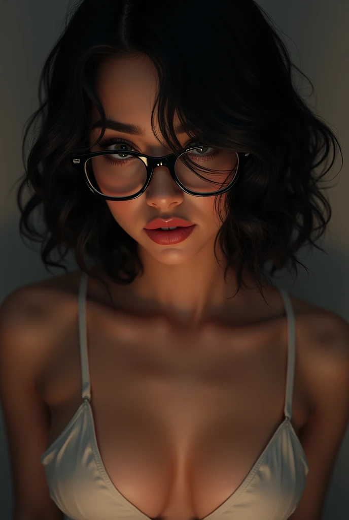 Alex,  Latina, wearing glasses, short wavy black hair, hair covering one eye, looking down, with small perky tits out