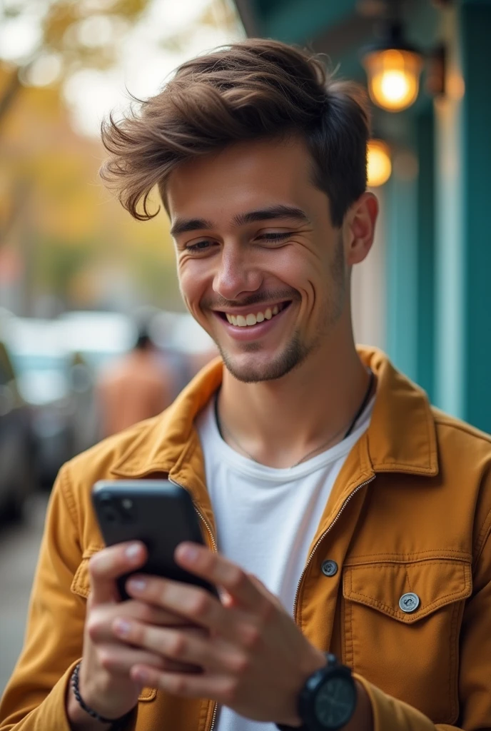 24 year boy use mobile phone with smile