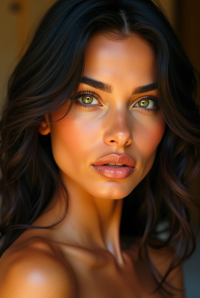 A hyper-realistic painting focusing on the face of a woman with a confident and captivating expression. Her face is oval-shaped with subtly defined cheekbones, giving her an elegant yet approachable appearance. She has a warm, sun-kissed tan with smooth, flawless skin that glows with health. Her eyes are a striking, vivid green, almond-shaped, and radiate a deep, intense gaze. The eyes are framed by long, dark, and thick eyelashes, with small pupils encircled by a darker ring, enhancing their clarity. Her eyebrows are well-defined and arched, slightly lighter than her jet-black hair, which cascades in soft waves around her face. Her nose is straight and proportionate, with a subtle, refined bridge and a softly rounded tip. Her lips are full, naturally pink, and slightly parted as if caught in a moment of thought, with a subtle shine that makes them appear slightly moist. The lighting is warm and natural, casting gentle shadows that highlight her cheekbones, the bridge of her nose, and the contours of her jawline, bringing out the intricate details of her skin texture and enhancing the overall realism of the portrait.